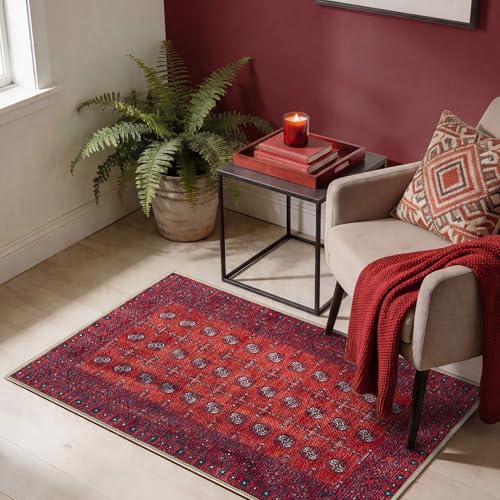 Vintage Washable Entryway Rug 2x3, Non-Slip Cotton Chenille Area Rug