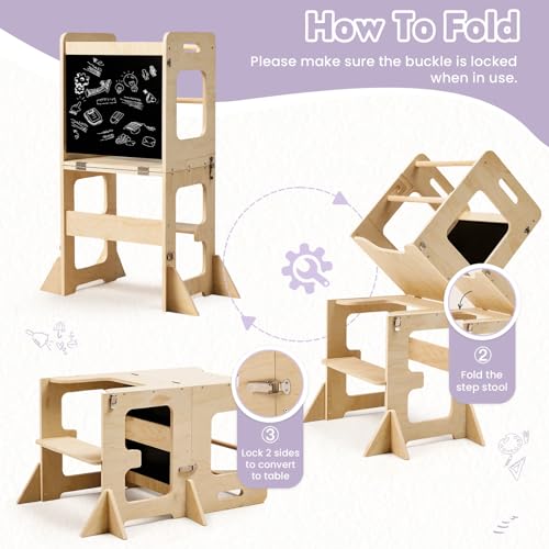 Foldable Wooden Learning Tower with Blackboard - Toddler Kitchen Step Stool