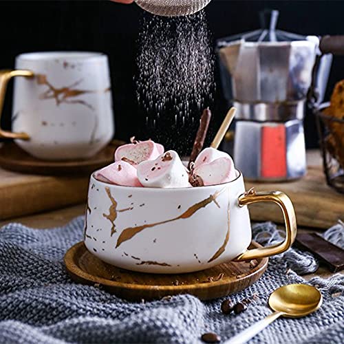 Ceramic Coffee Tea Mug Set with Stainless Steel Spoon & Bamboo Saucer, 10 oz - White & Black