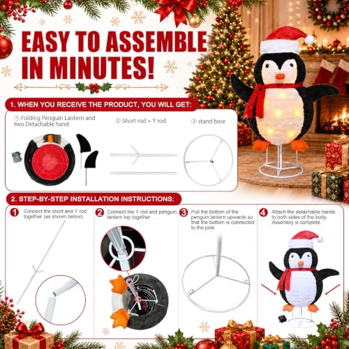 DTNESS 30in Pop-Up Christmas Penguin Decor with 45 Pre-lit LEDs & Timer - Outdoor Holiday Yard Display (Penguin Variant)