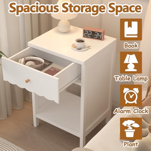 Scalloped White Nightstand with Drawer and Open Storage Shelf