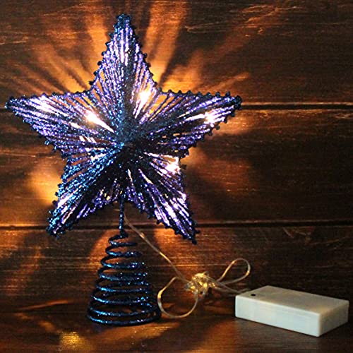 Blue Glittered 3D Tree Top Star with Warm White LED Lights & Timer - Christmas Decor - Variation of Glittered Blue 1