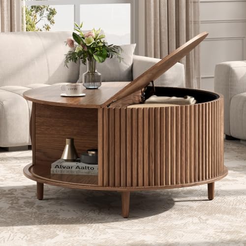 31.5-inch Round Coffee Table with Hidden Storage, Walnut Mid-Century Modern