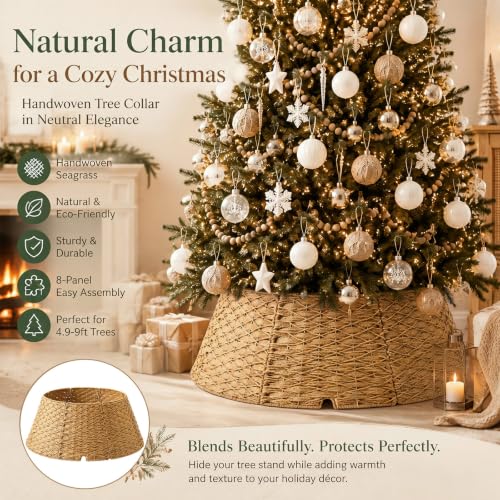Poen 42 Inch Woven Rattan Christmas Tree Collar Khaki — Handwoven, Adjustable