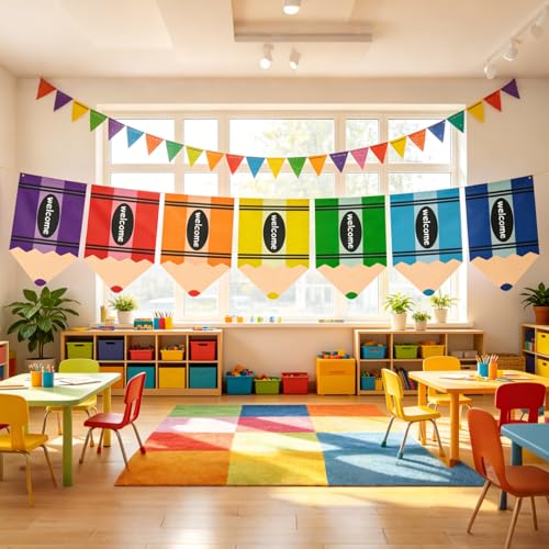 7-Piece Rainbow Pencil Classroom Curtains, 36" x 24" Rod Pocket Drapes