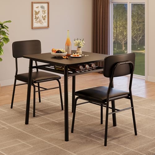 3-Piece Dining Table Set for 2 with Storage Rack and Upholstered Chairs