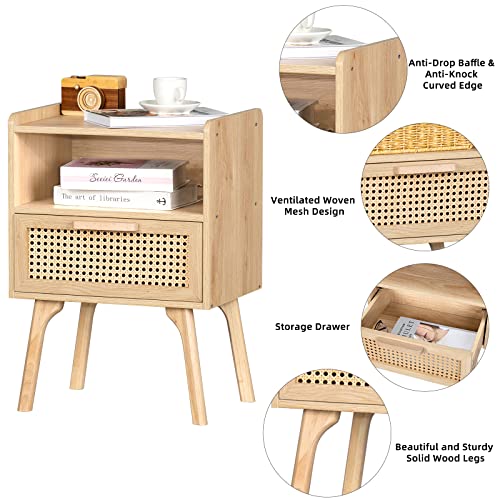 Rattan Nightstand with Drawer and Open Shelf, Boho Wood Side Table