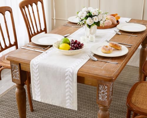 Wracra Embroidered Table Runner 14x36 Inch White/Cream Linen & Polyester