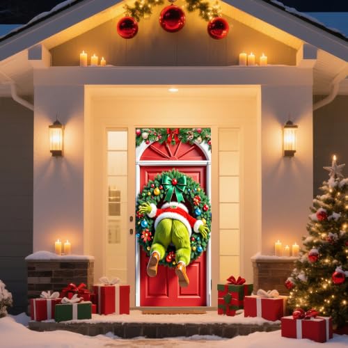 Hehegoo Red Green Christmas Door Cover Banner, 72.8x35.4 Inch Holiday Decor