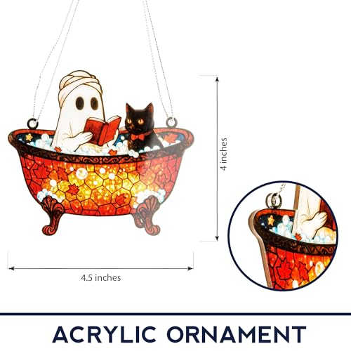 Gothic Bat Suncatcher Ghost Cat 2 - Purple Crescent Moon Window Hanging Halloween Decor