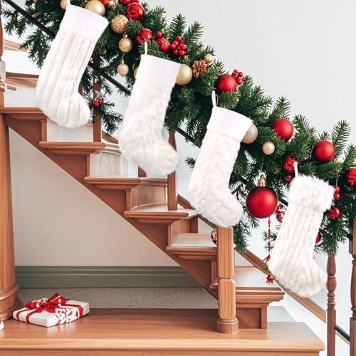 White Christmas Plush Stockings Set of 4 - 18 Inch Faux Fur Holiday Decor
