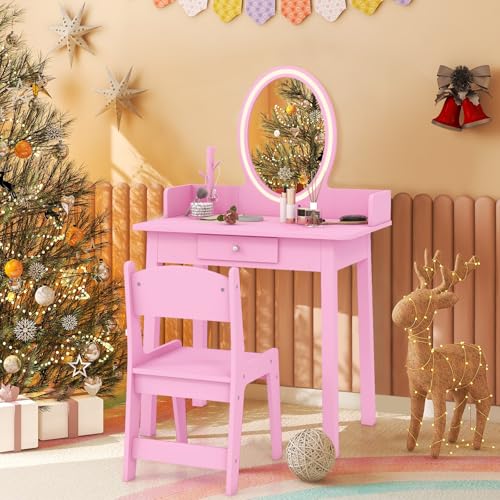 Kids Vanity Set with Lighted Mirror and Chair, 2-in-1 Toddler Makeup Table