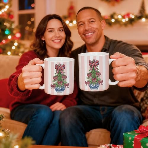 JINYO Christmas Coffee Mug - Pink Striped Chinoiserie Holiday Ceramic Cup, 11 oz - Christmas Coffee Mug-e