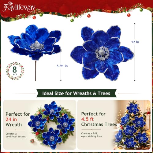 Blue 8PCS Large Christmas Magnolia Flower Decorations for Tree & Wreath