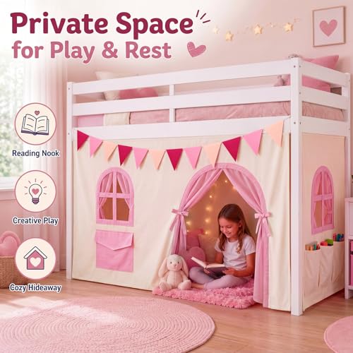 3-Panel Bunk Bed Curtain Set with Felt Pennant for Loft Bed Playhouse