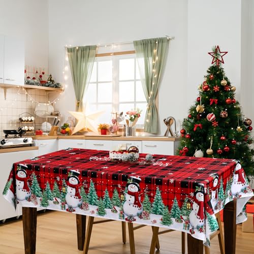 Christmas Tablecloth 60x84 Inch Red Black Buffalo Plaid Snowman Holiday Decor