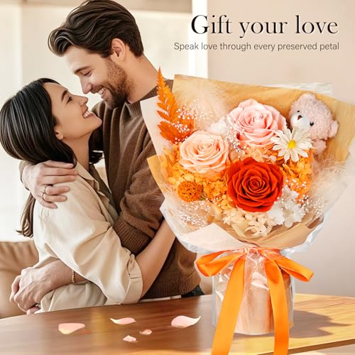 Preserved Orange Roses Bouquet with Stuffed Bear & Luxury Gift Box