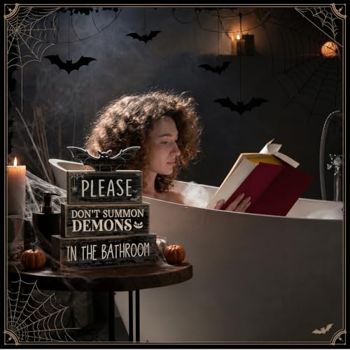 Moucuny Gothic Bat & Demon Halloween Bathroom Decor Set - Wooden Book Display
