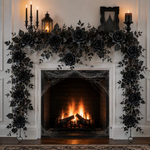 Artificial Black Rose Garland 2-Pack - 6.5ft Silk Vine Gothic Decor