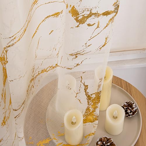 Gold & Cream Sheer Curtains 52 x 96 Inches, Metallic Marble Window Panel, Pack of 2