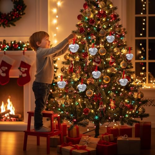 12-Piece Silver Christmas Jingle Bells with Believe Charm for Tree Decor