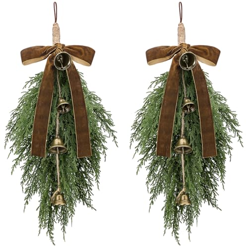 2 Pack Artificial Christmas Cedar Teardrop Swags with Velvet Bow and Bells