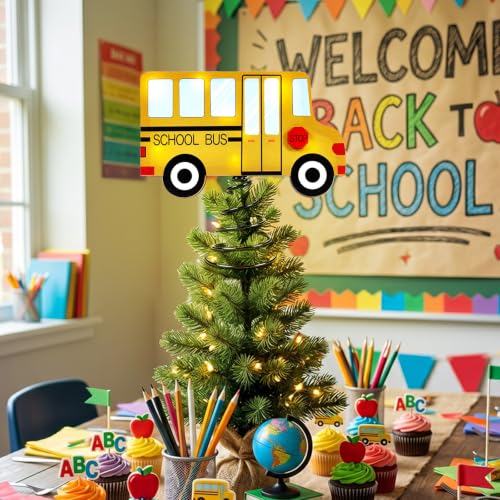 Wooden School Bus LED Tree Topper - 8x8 Inch Lighted Classroom Decor