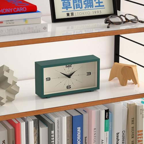 Modern Rectangular Desk Clock, Retro Mid-Century Style, Dark Green