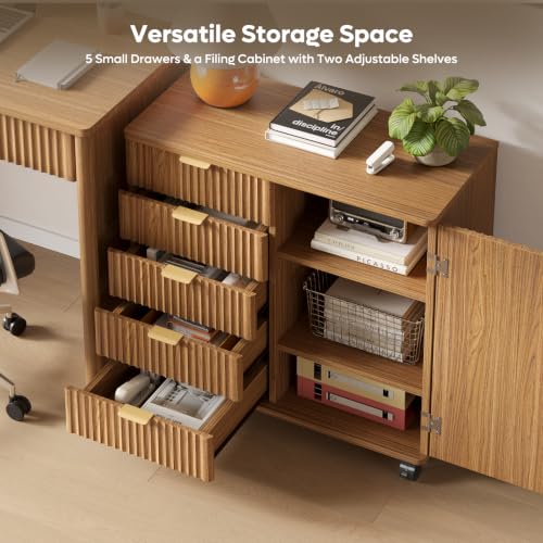 5-Drawer Mobile Office Storage Cabinet with Fluted Wood Design
