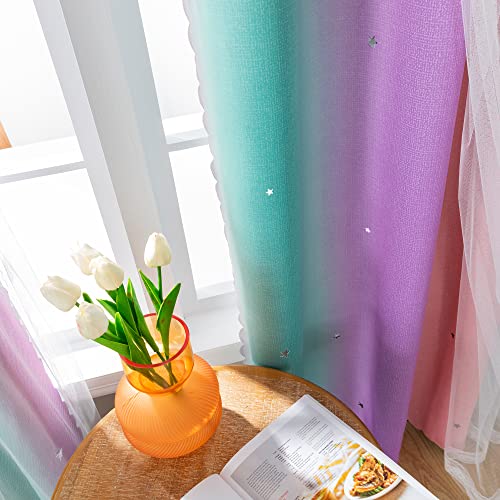 XiDi Double-Layer Rainbow Blackout Curtains with Star Cutouts, 63x34