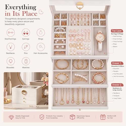 3-Tier Jewelry Box Organizer with Transparent Lid, Velvet Lined Storage Case