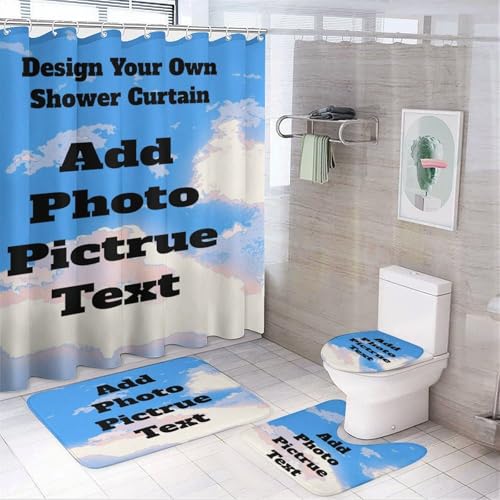 Custom 4-Piece Shower Curtain Set with Photo & Text Print, Bath Mats