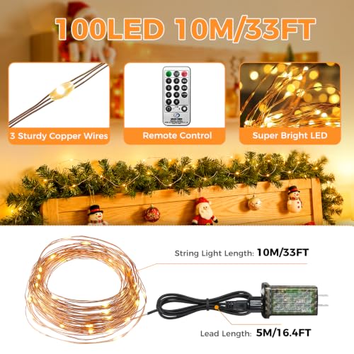 btfarm 33FT 100 LED Plug-in Fairy Lights with Remote & Timer, Warm White