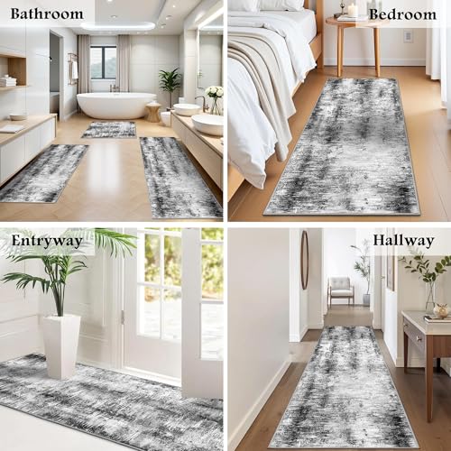 3-Piece Abstract Kitchen Rug Set, Washable Non-Slip Floor Mats, Grey