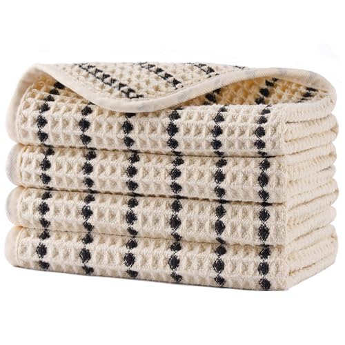 POLYTE 430 GSM Microfiber Waffle Wash Cloth Face Towel - Light Beige/Black, 13x13 in