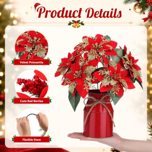 Christmas Poinsettia Centerpiece Set with Metal Jars - 6 Red & Gold Glitter Artificial Flowers for Holiday Decor