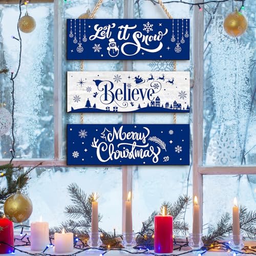 Blue Christmas Wall Hanging Decor Rustic Wooden Ornaments Set - Let It Snow, Merry Christmas, Happy Holidays Sign