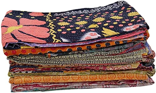 Vintage Kantha Quilt - Handmade Reversible Cotton Throw Blanket 85x55 Inches