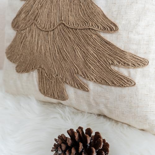 Rope Embroidered Christmas Tree Pillow Cover 18x18in Burlap Rustic Farmhouse Holiday Decor - Pack of 1