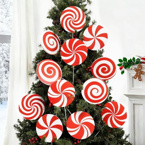 12-Piece Peppermint Lollipop Christmas Tree Picks, 7.87 Inch Red & White