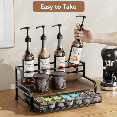 3-Tier Coffee Syrup Organizer with Pod Drawer - Metal & Wood Countertop Stand