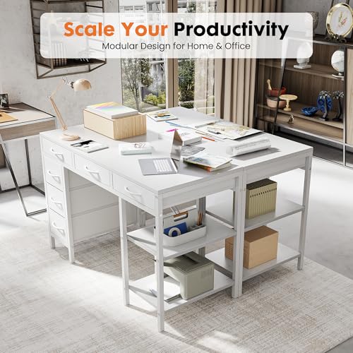 47-Inch Computer Desk with 6 Fabric Drawers & Storage Shelves - White