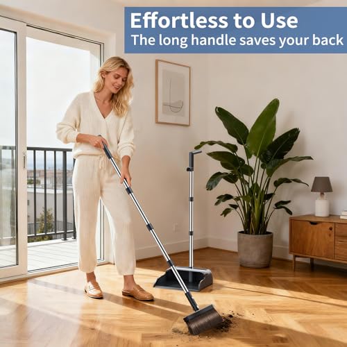 Broom and Dustpan Combo Set with 51.6" Adjustable Handle & Pet Hair Comb