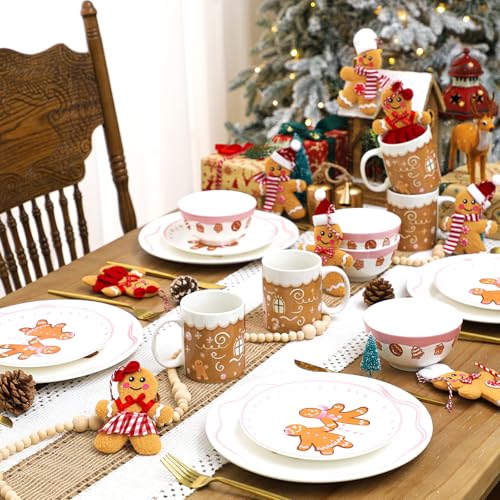 Pickmesh 16Pcs Pink Gingerbread Man Christmas Dinnerware Set for 4 Guests