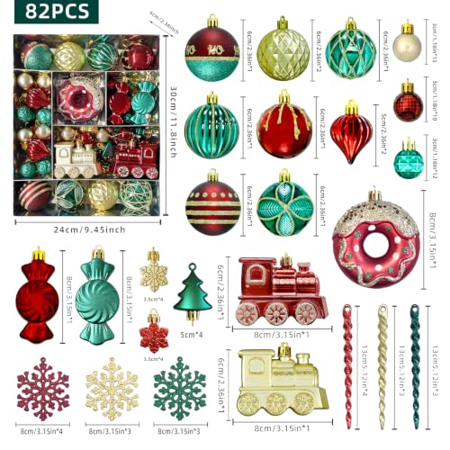 82-Piece Christmas Ornament Set - Red Green Gold Assorted Plastic Ball, Snowflakes, Icicles & Train Decorations