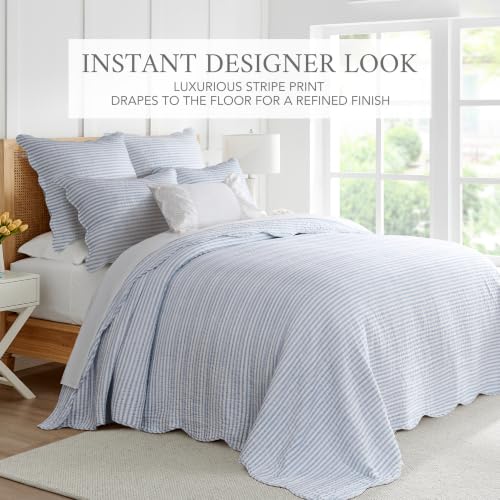 Reversible Blue Stripe Queen Bedspread Set with Pillow Shams