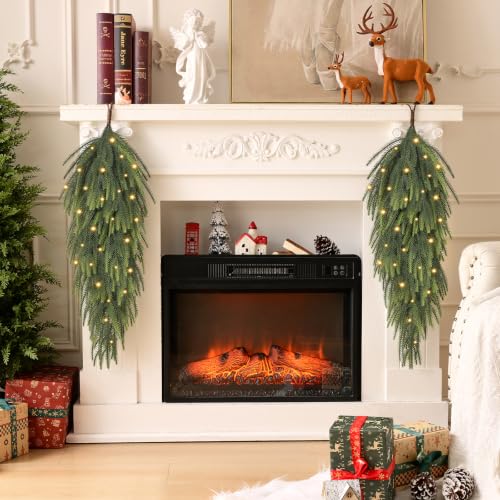 Waipfaru 2 Pcs Artificial Norfolk Pine Christmas Teardrop Swag with Lights - Green / 30 Inch Length