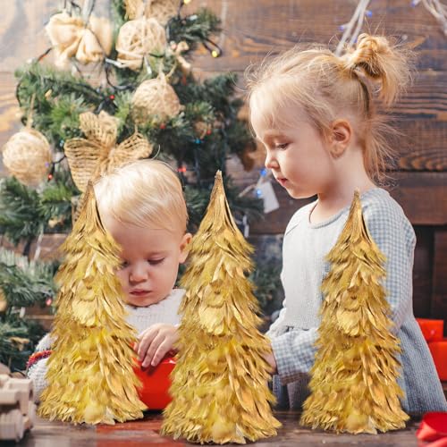 Liliful 4-Pack Gold Feather Christmas Trees, 12-Inch Holiday Decor