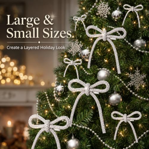 SEWACC Silver Christmas Bows with Clips 12 Pack, Rhinestone Tree Decorations