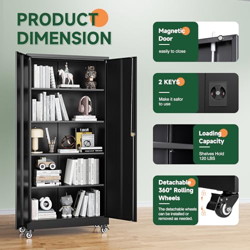 75-Inch Rolling Metal Garage Storage Cabinet with Lockable Doors - Black